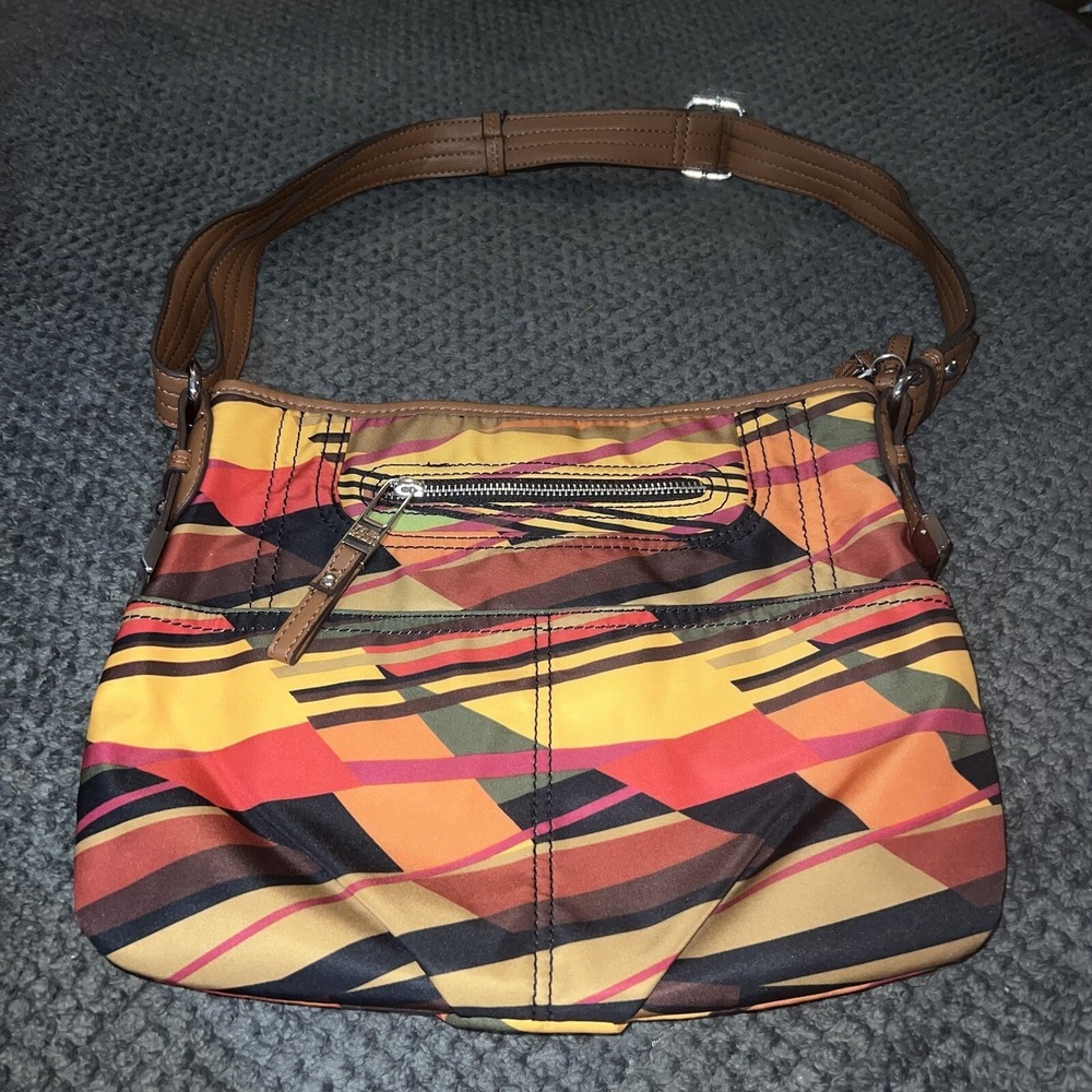 Tyler Rodan Abstract Geometric Print Nylon Shoulder Bag BrownOrange Multi Pocket